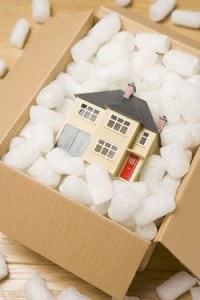 Moving box with packing peanuts and replica of a house
